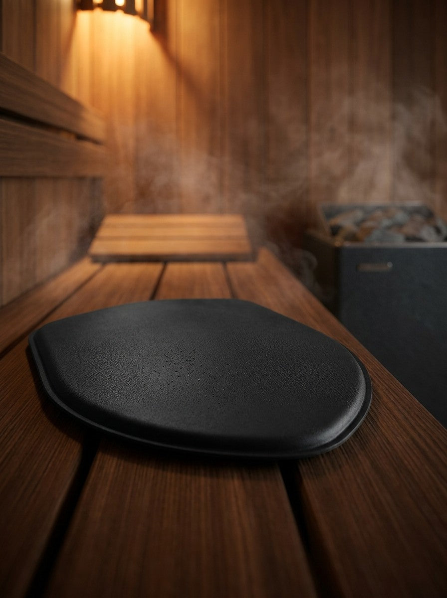 The Sauna Shield Pack placed on a wooden sauna bench, heater and steam visible in the background